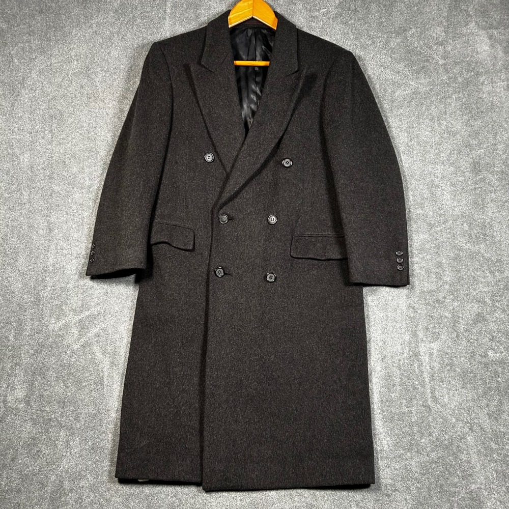 VTG Adolfo Overcoat Long 80s Wool Cashmere Double Breasted Black Grey 40S Brazil